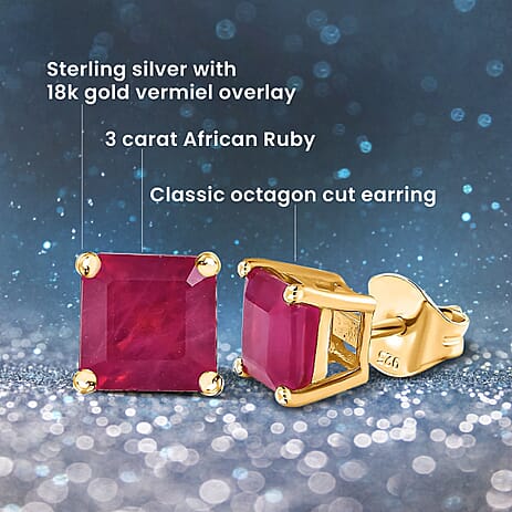 African Ruby (Asscher Cut) Stud Earrings in 18K Yellow Gold Vermeil Plated Sterling Silver 1.5 Ct.