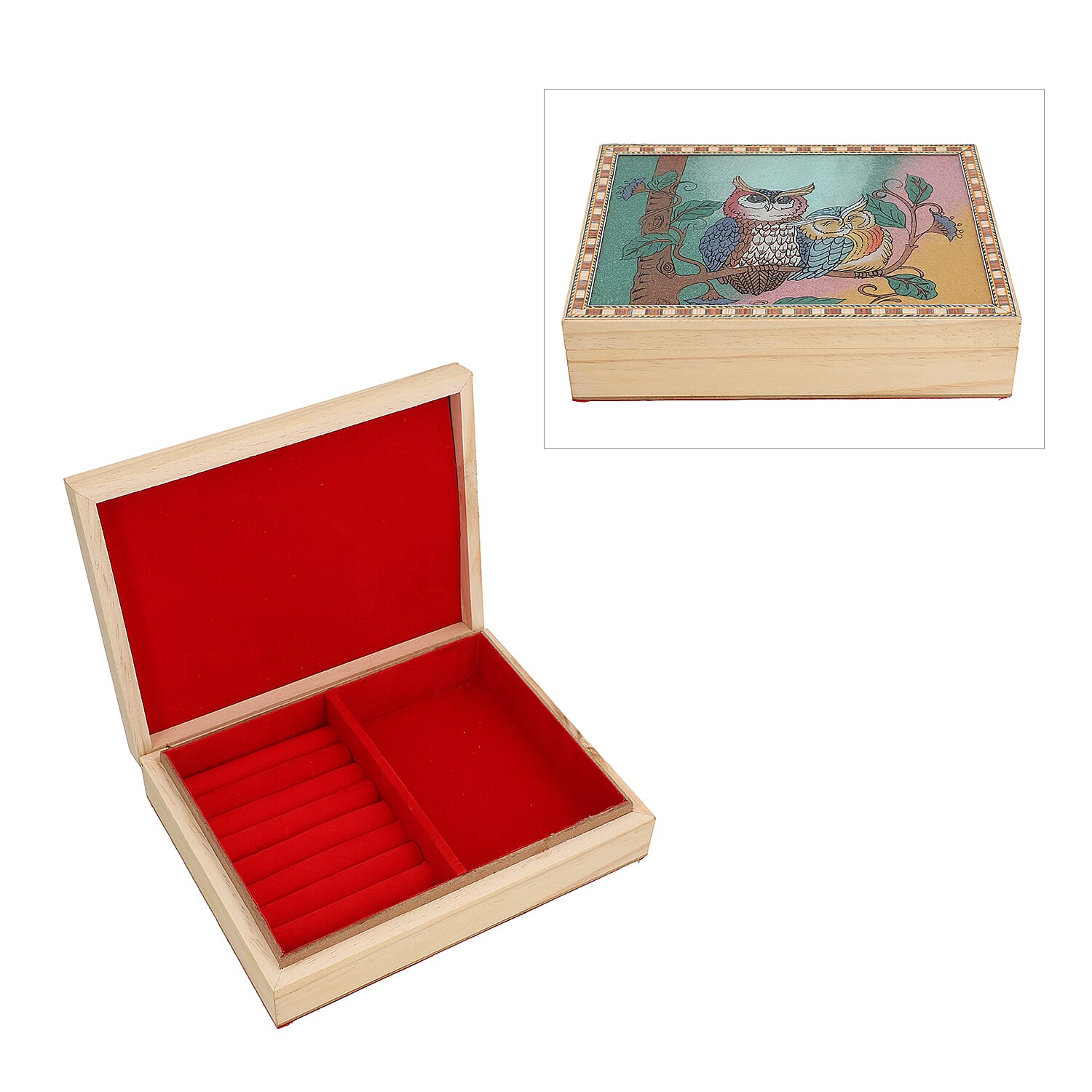 Wooden Storage Box with Owl Gemstone Painting (Size 22x17x6 Cm)
