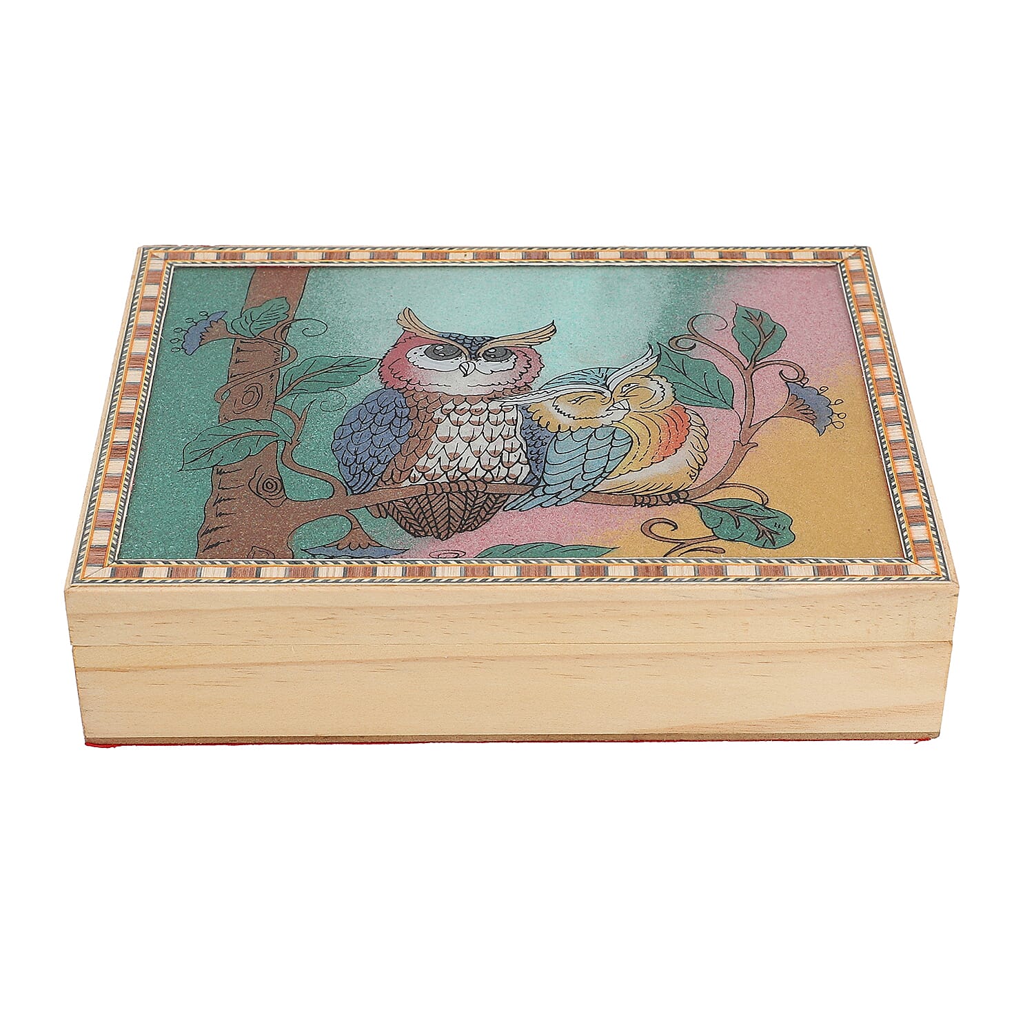 Wooden Storage Box with Owl Gemstone Painting (Size 22x17x6 Cm)