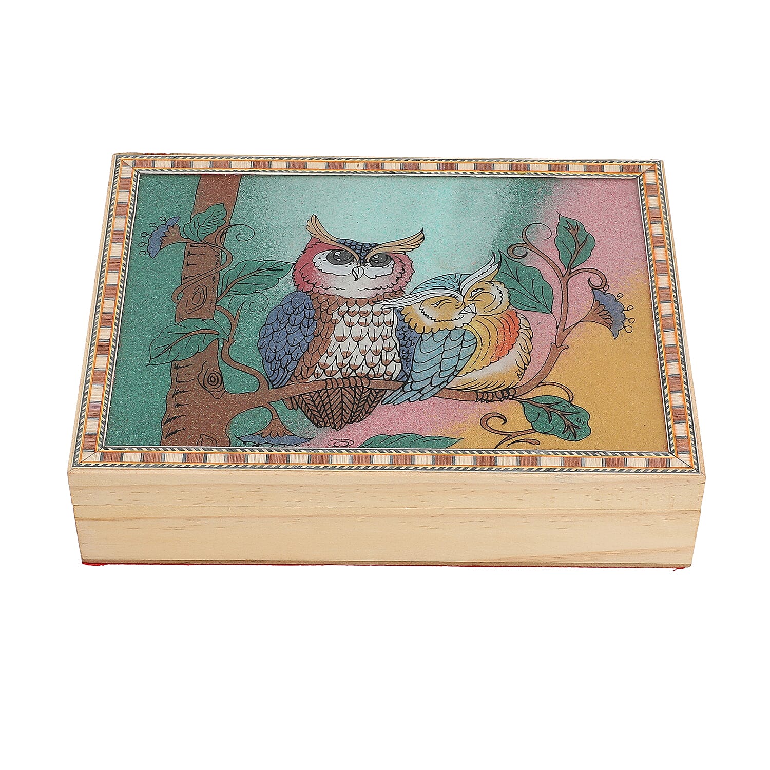 Wooden Storage Box with Owl Gemstone Painting (Size 22x17x6 Cm)