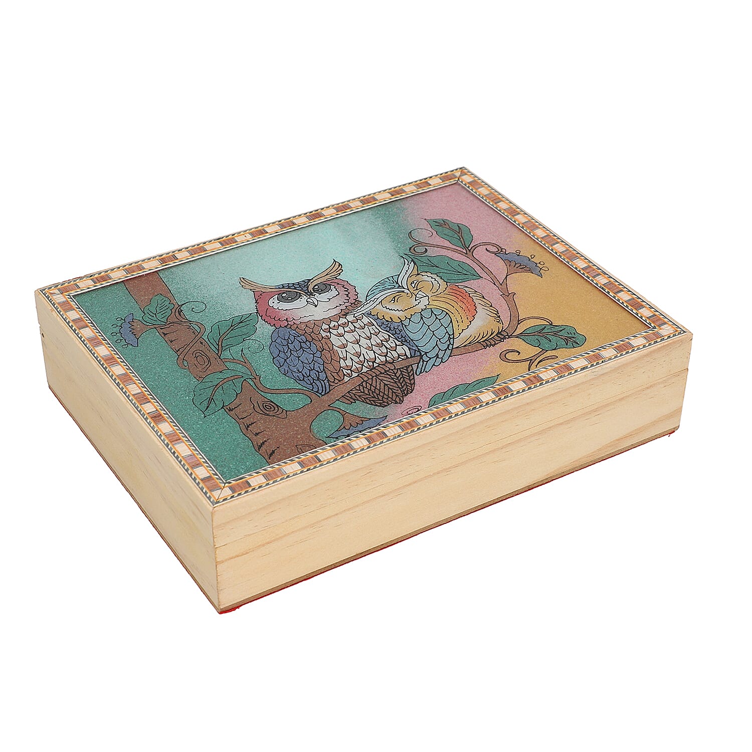 Wooden Storage Box with Owl Gemstone Painting (Size 22x17x6 Cm)
