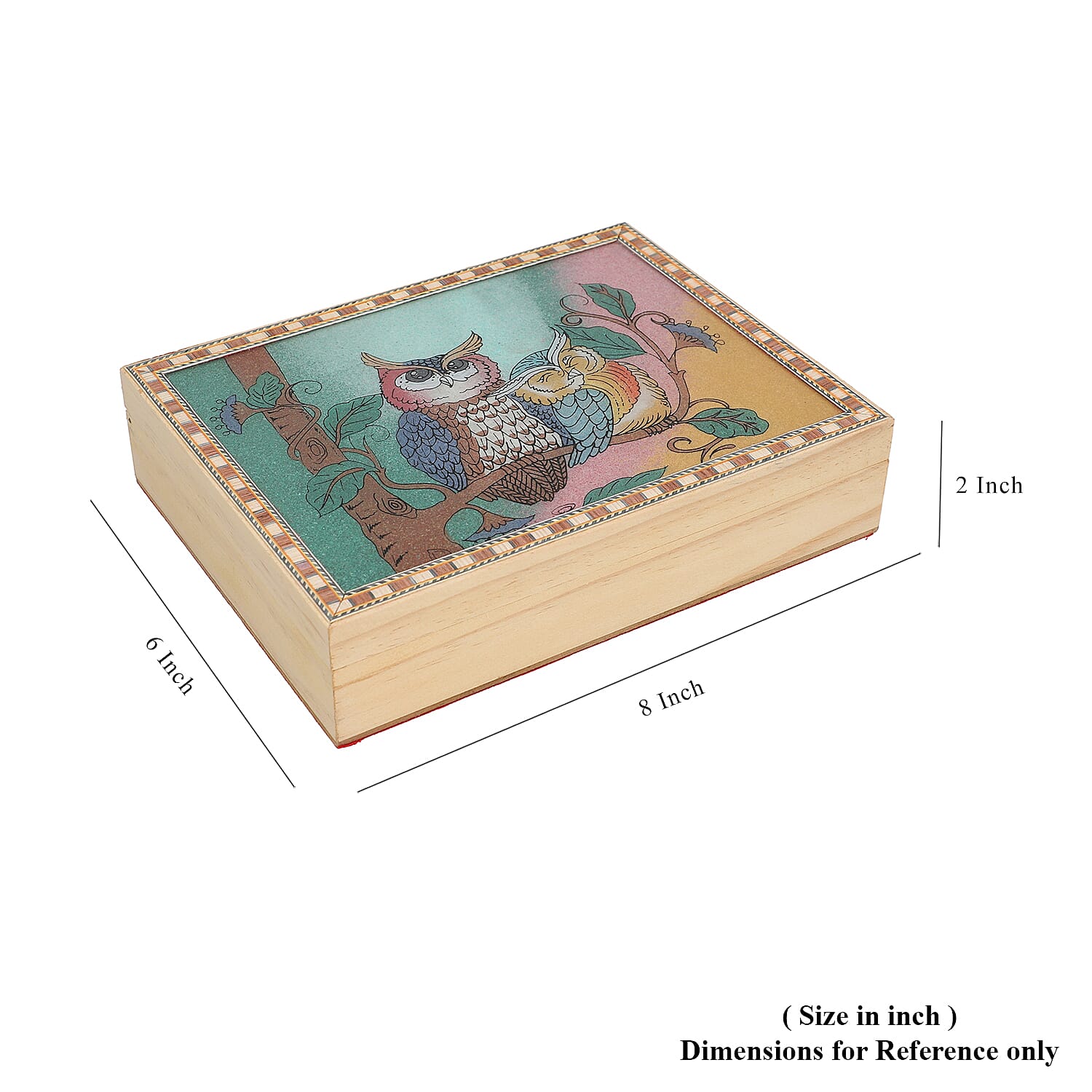 Wooden Storage Box with Owl Gemstone Painting (Size 22x17x6 Cm)