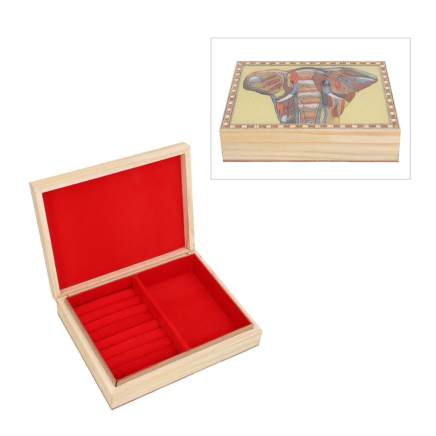 Wooden Storage Box with Elephant Gemstone Painting (Size 22x17x6 Cm)