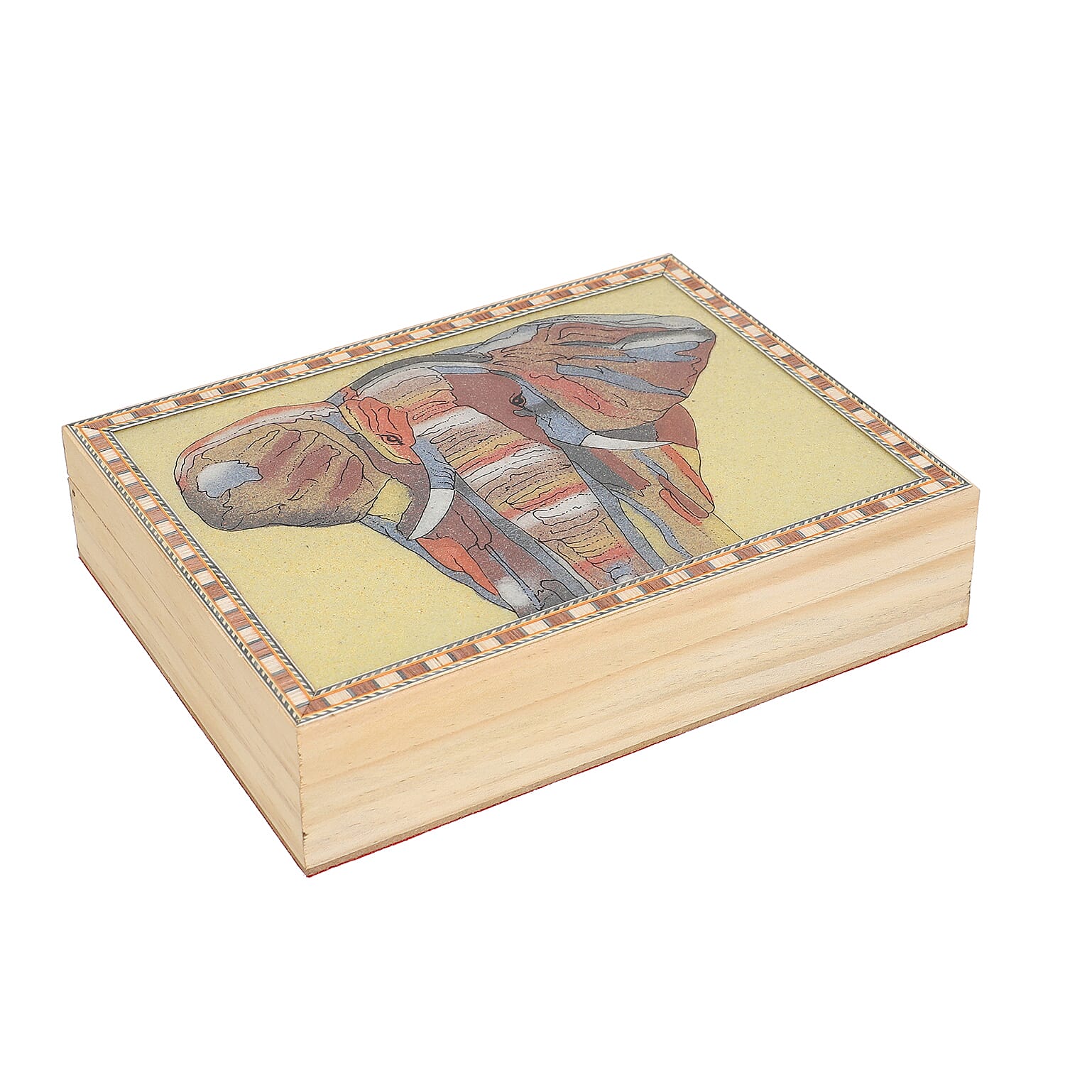 Wooden Storage Box with Elephant Gemstone Painting (Size 22x17x6 Cm)