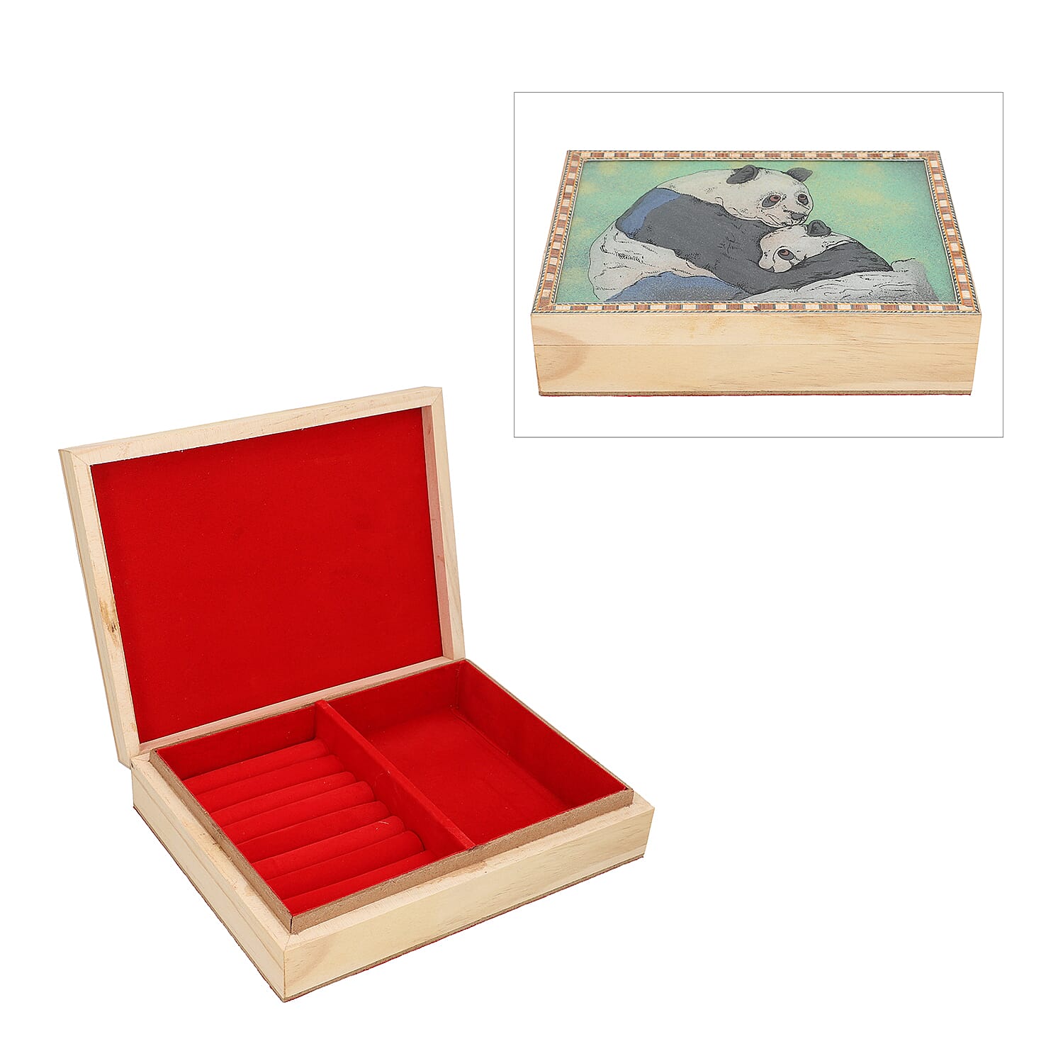 Wooden Storage Box with Panda Gemstone Painting (Size 22x17x6 Cm)