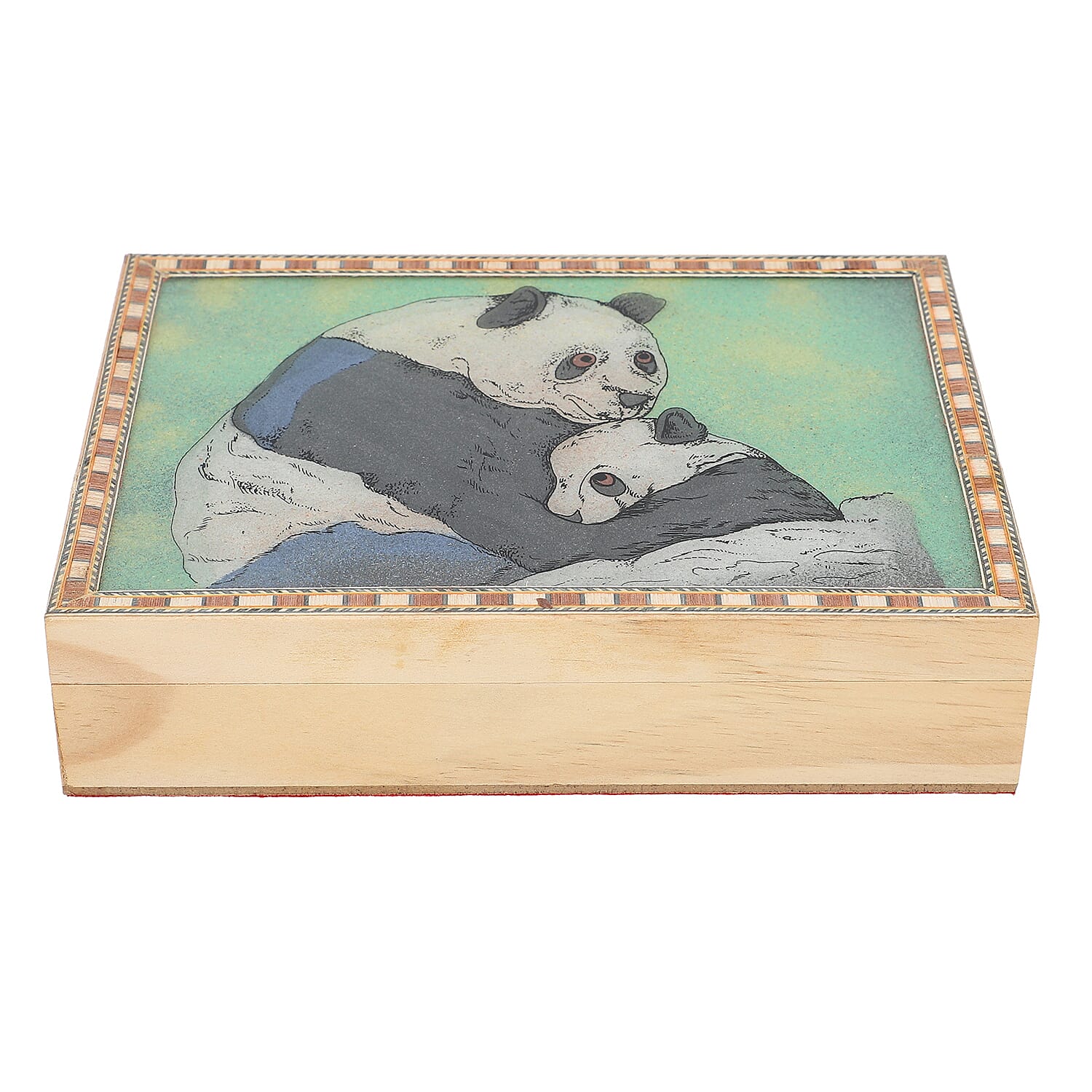 Wooden Storage Box with Panda Gemstone Painting (Size 22x17x6 Cm)