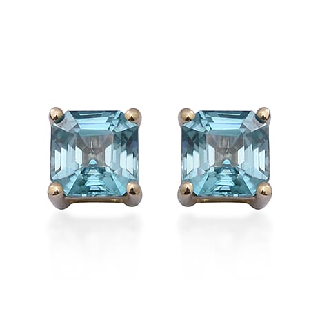 9K Yellow Gold Ratanakiri Blue Zircon Stud Earrings (with Push Back) 4.70 Ct.
