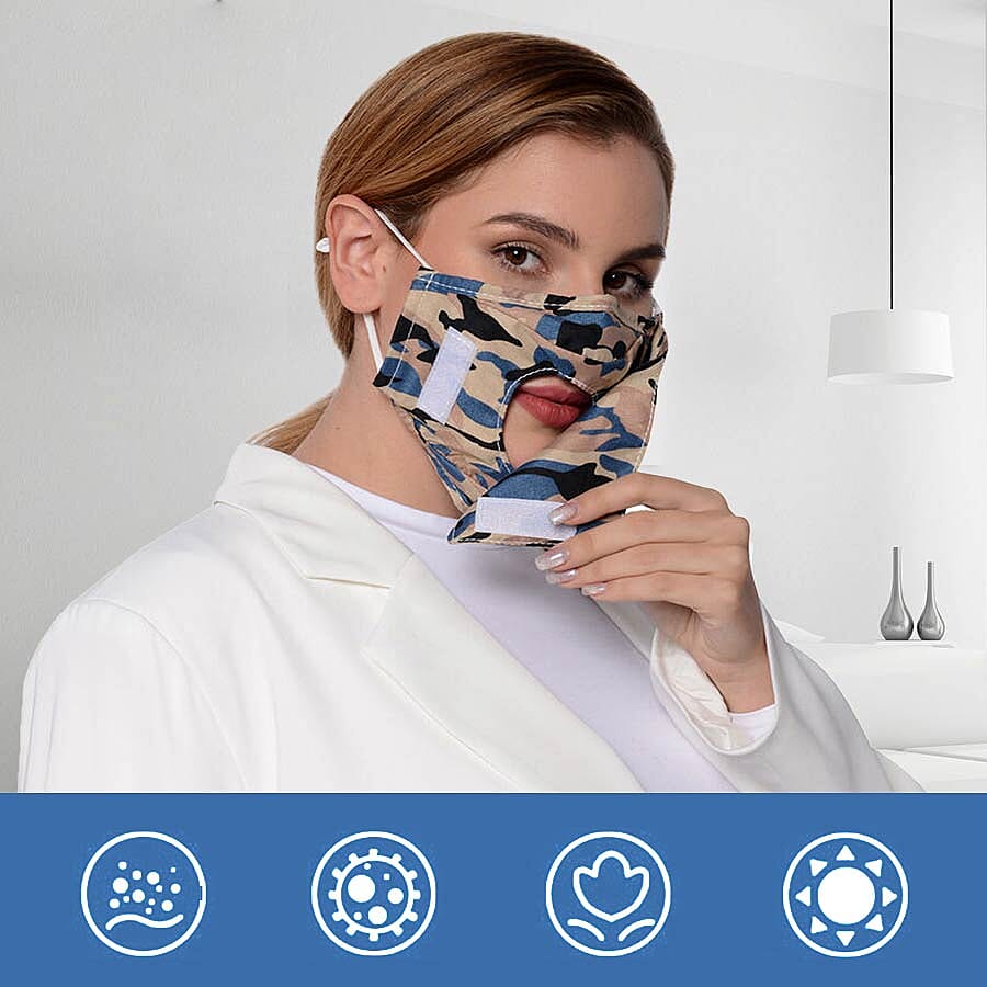 Camouflage Pattern Double Layer Open Mouth Reusable Face Covering with Adjustable Ear Loop (Size 22x18 Cm) - Beige and Blue