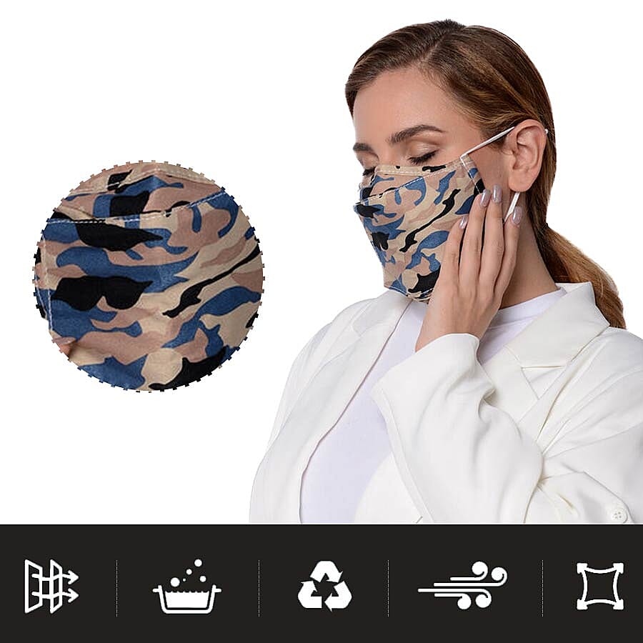 Camouflage Pattern Double Layer Open Mouth Reusable Face Covering with Adjustable Ear Loop (Size 22x18 Cm) - Beige and Blue