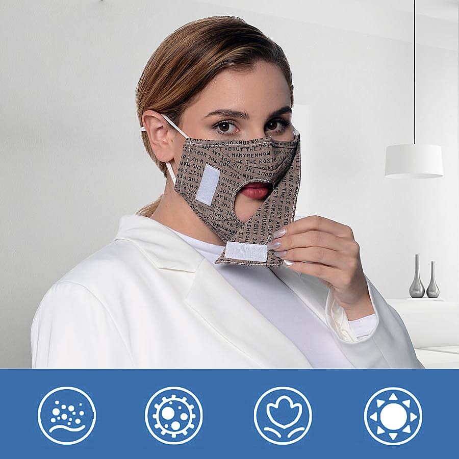 Letter Pattern Double Layer Reusable Open Mouth Face Covering with Adjustable Ear Loop in Taupe Colour (Size 22x18 Cm)