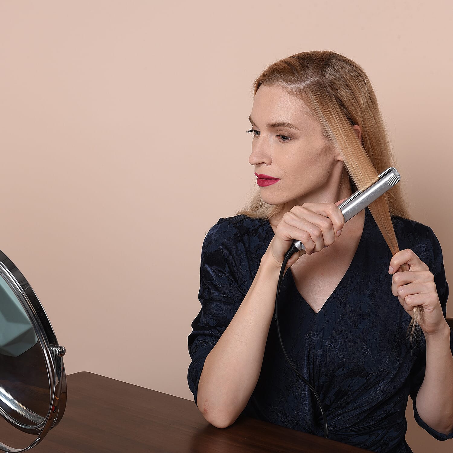 Multi Functional Mini & Travel Portable Hair Curl Straightener with LED Indicator and Power Cable - Silver