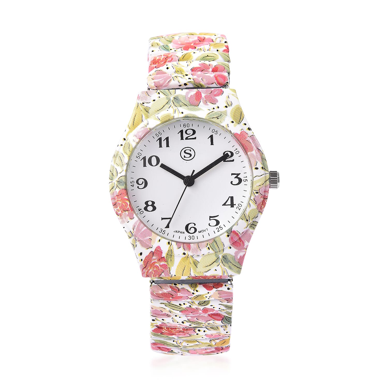 STRADA Japanese Movement Pink Floral Pattern Water Resistant Watch with Stretchable Strap (Size 6.5-7)