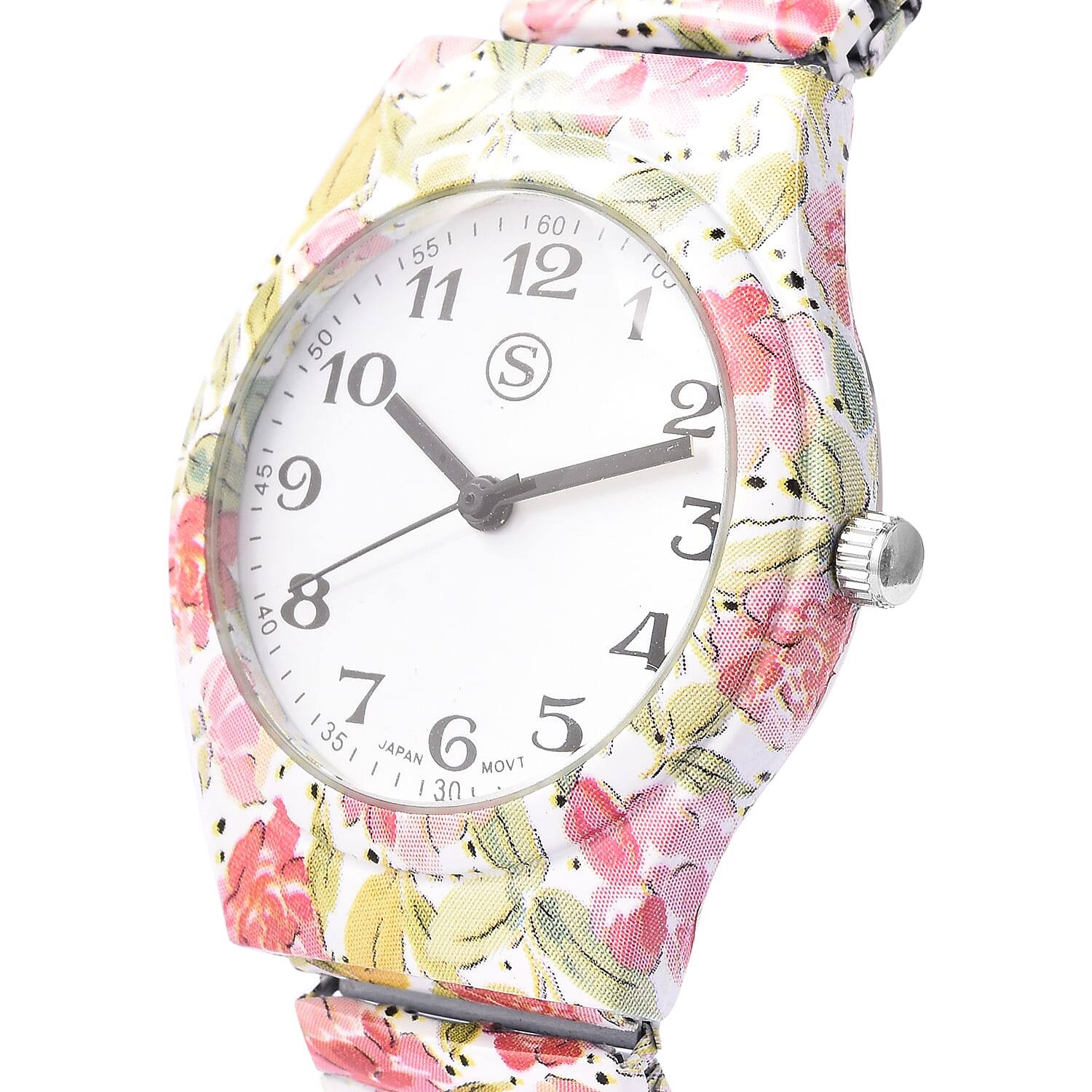 STRADA Japanese Movement Pink Floral Pattern Water Resistant Watch with Stretchable Strap (Size 6.5-7)