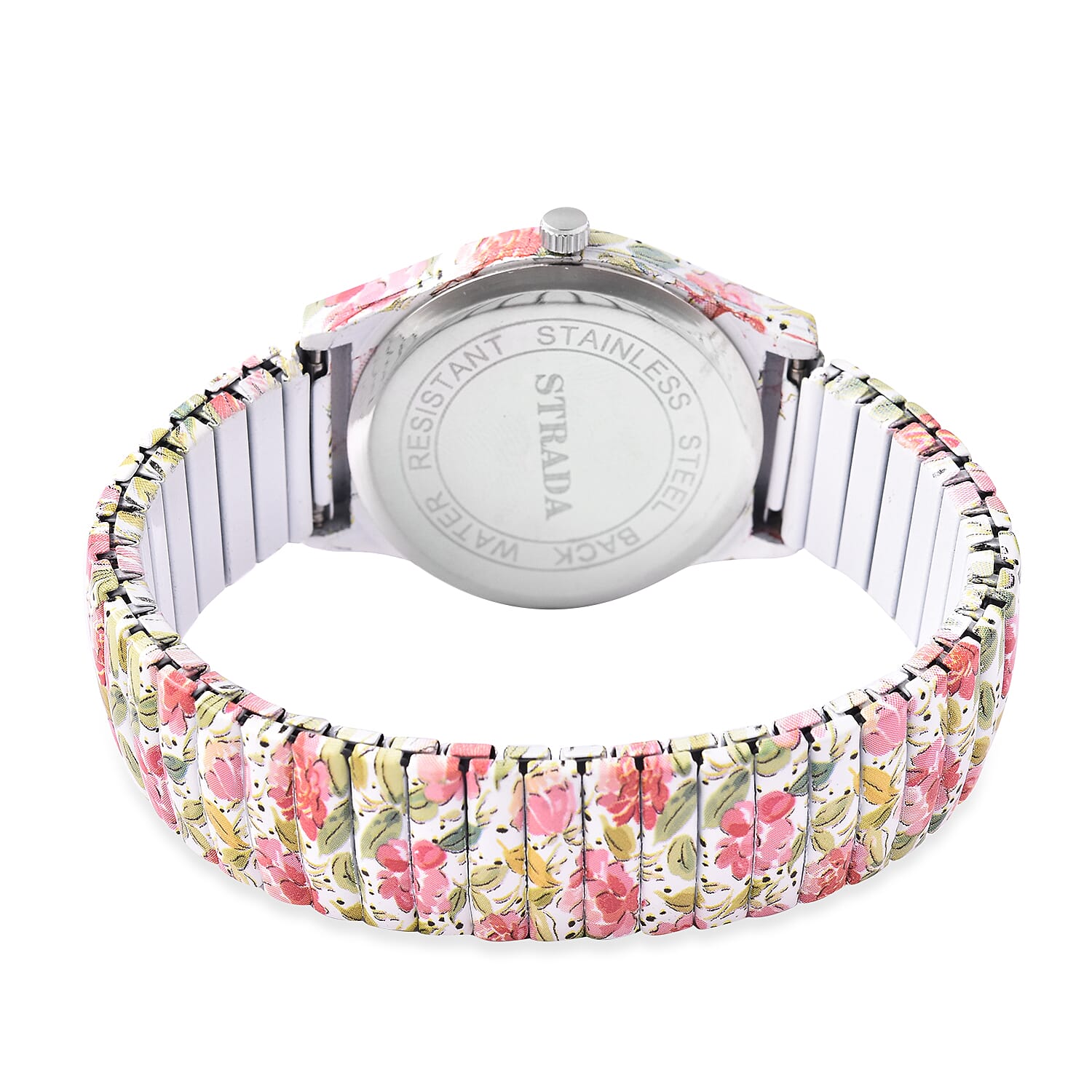 STRADA Japanese Movement Pink Floral Pattern Water Resistant Watch with Stretchable Strap (Size 6.5-7)
