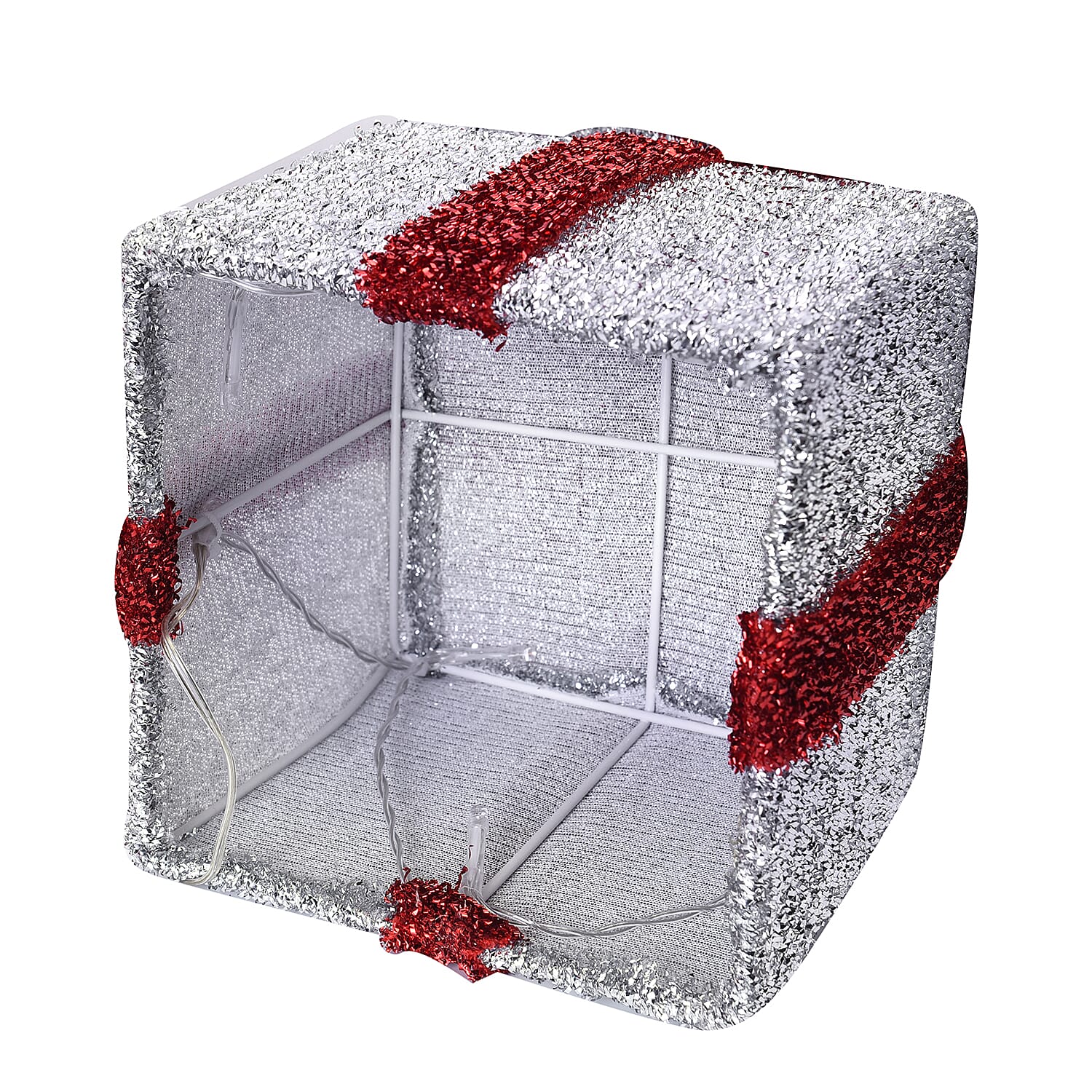 Set of 3 - 15,20,25cm Tall Lamp with Warm 40 LED Light - Red and Golden Ribbon