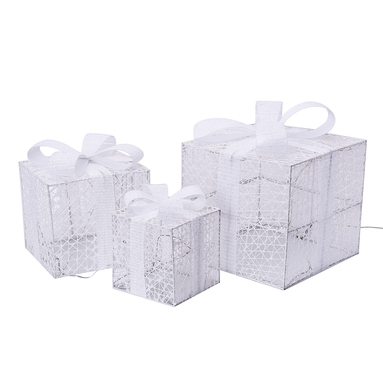 Set of 3 - Christmas Present Lights with Warm 40 LED Light (Size 15,20,25cm ) - White with Snow Effect