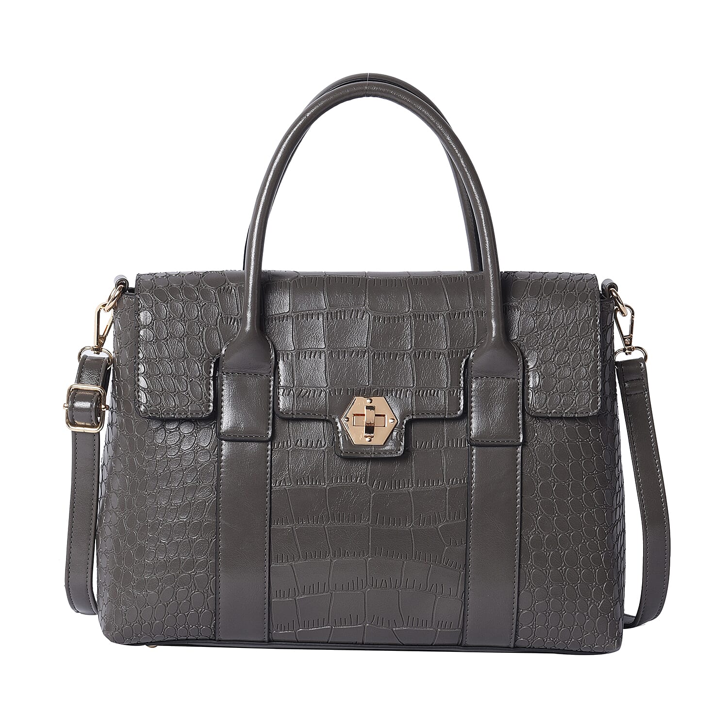 Solid Grey Croc Pattern Handbag with Adjustable Shoulder Strap (34x13x25cm)