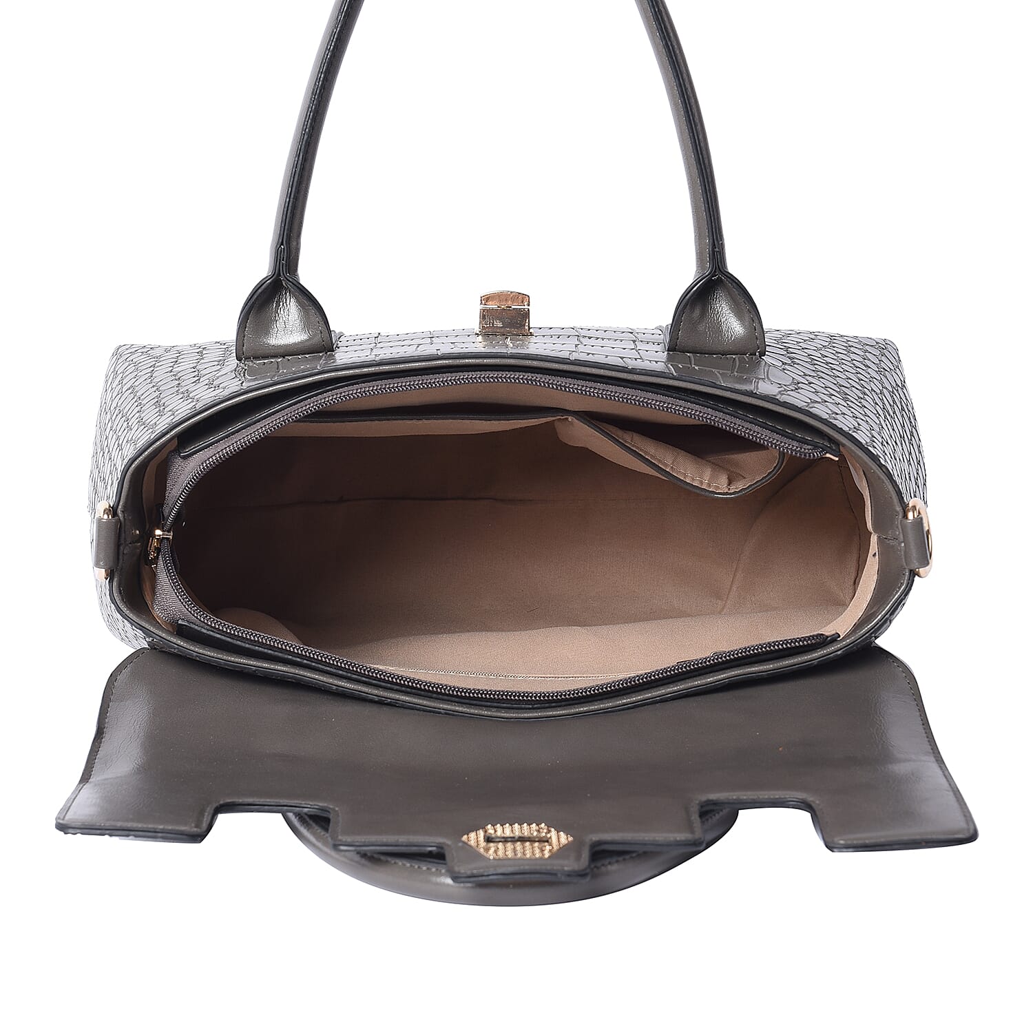 Solid Grey Croc Pattern Handbag with Adjustable Shoulder Strap (34x13x25cm)