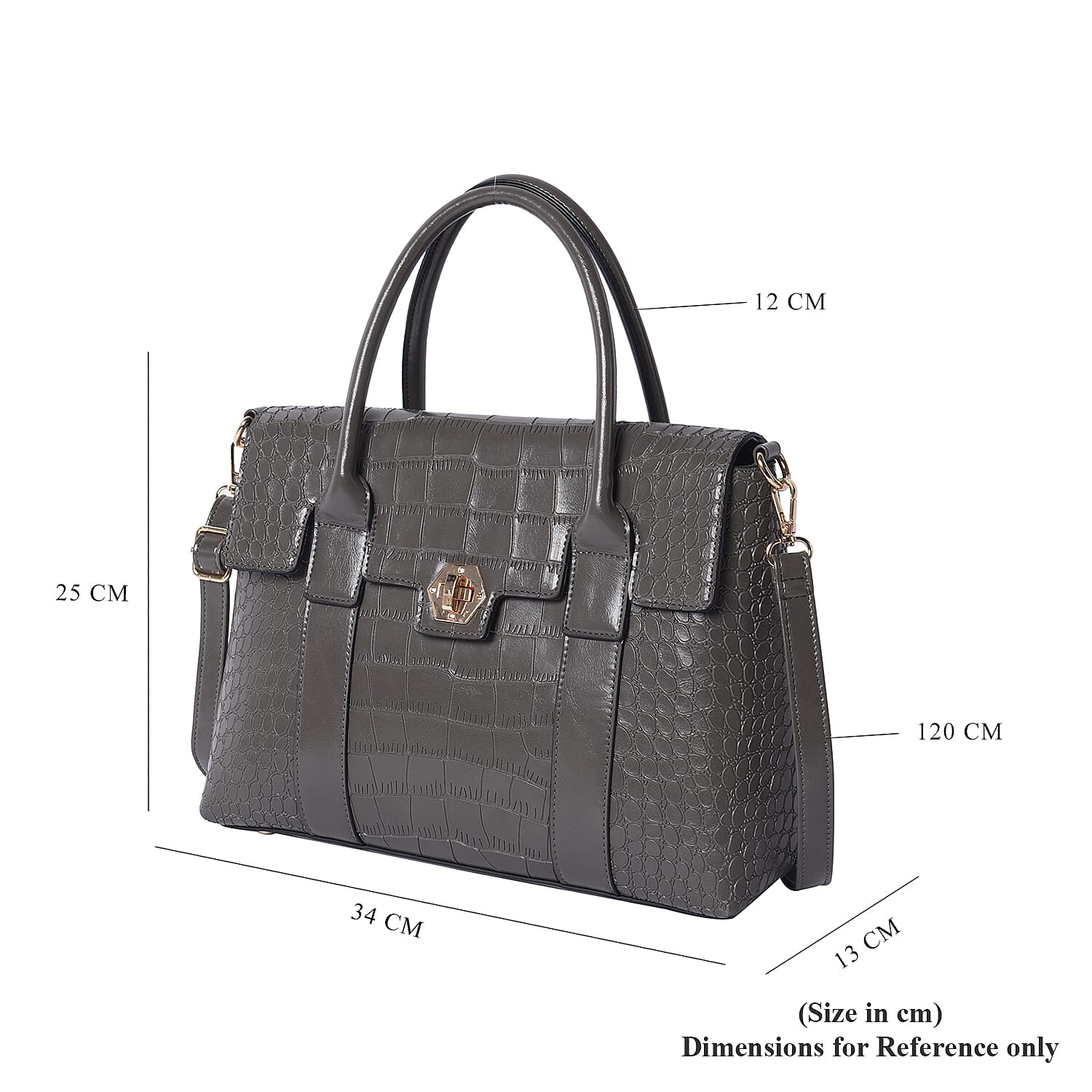 Solid Grey Croc Pattern Handbag with Adjustable Shoulder Strap (34x13x25cm)
