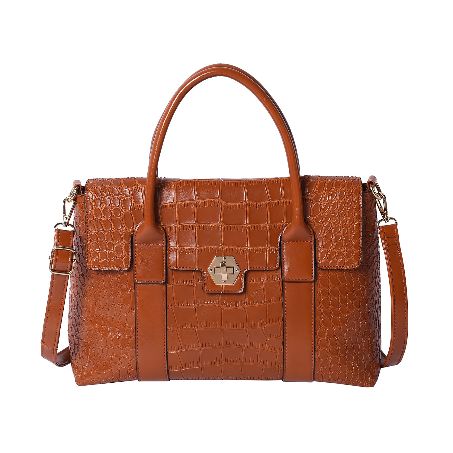 Solid Tan Croc Pattern Handbag with Adjustable Shoulder Strap (34x13x25cm)