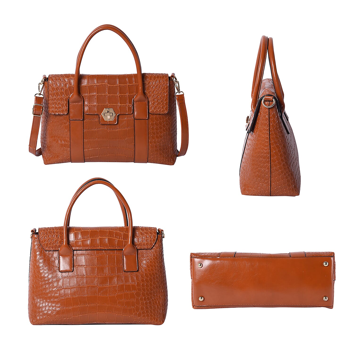 Solid Tan Croc Pattern Handbag with Adjustable Shoulder Strap (34x13x25cm)