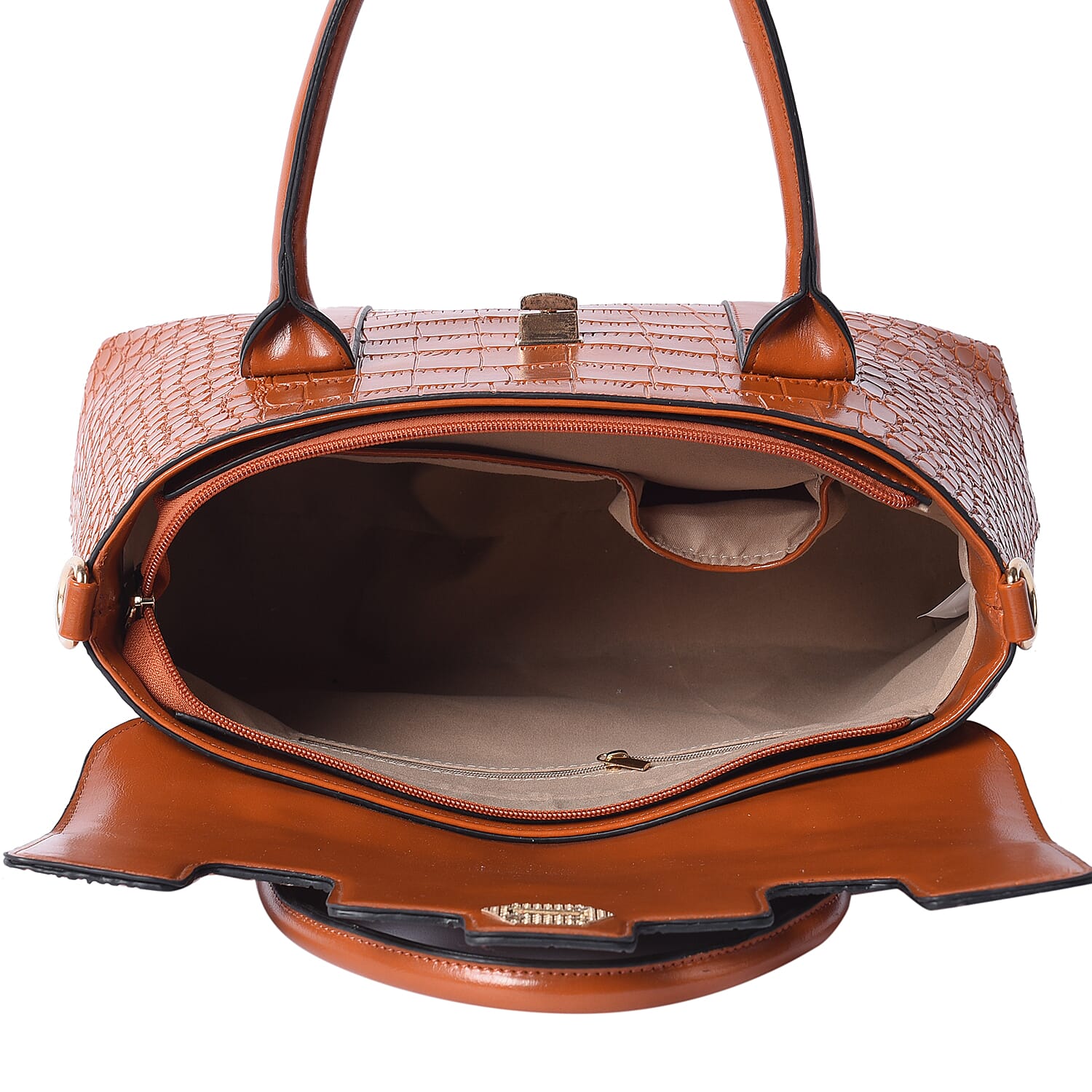 Solid Tan Croc Pattern Handbag with Adjustable Shoulder Strap (34x13x25cm)