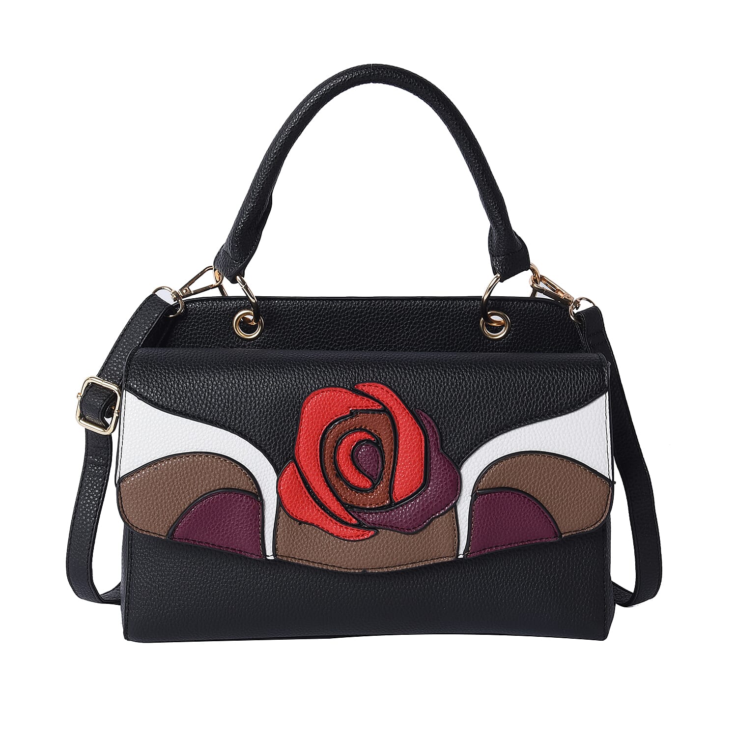 Rose Pattern Handbag with Adjustable and Detachable Shoulder Strap (30x18x13cm) - Black