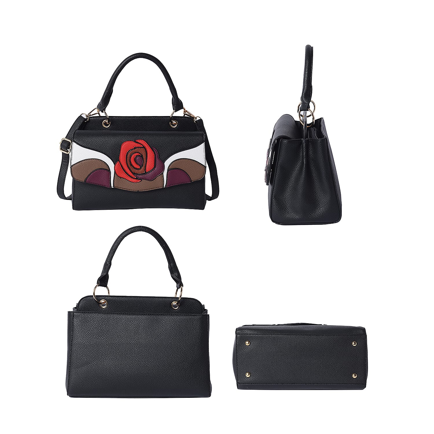 Rose Pattern Handbag with Adjustable and Detachable Shoulder Strap (30x18x13cm) - Black
