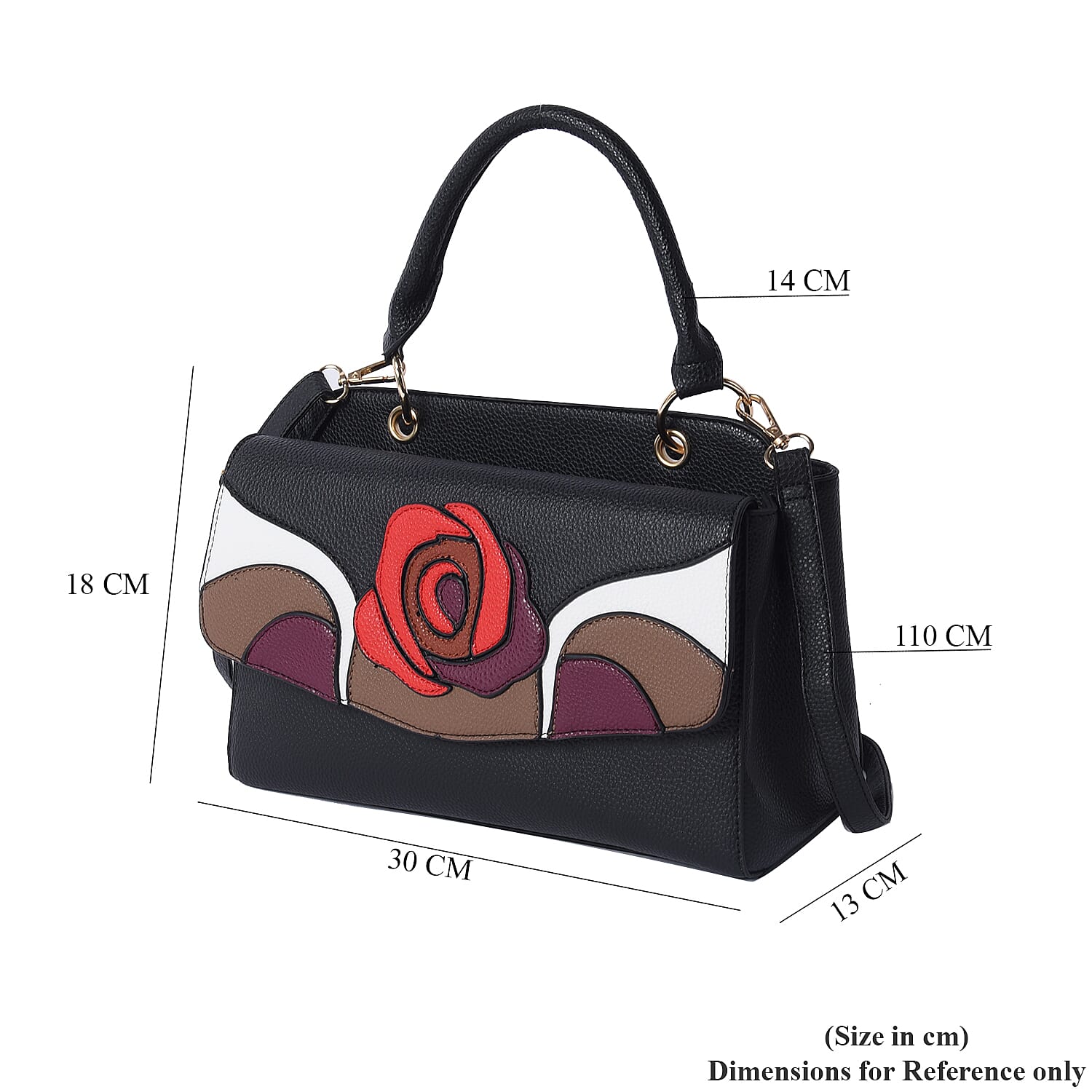 Rose Pattern Handbag with Adjustable and Detachable Shoulder Strap (30x18x13cm) - Black