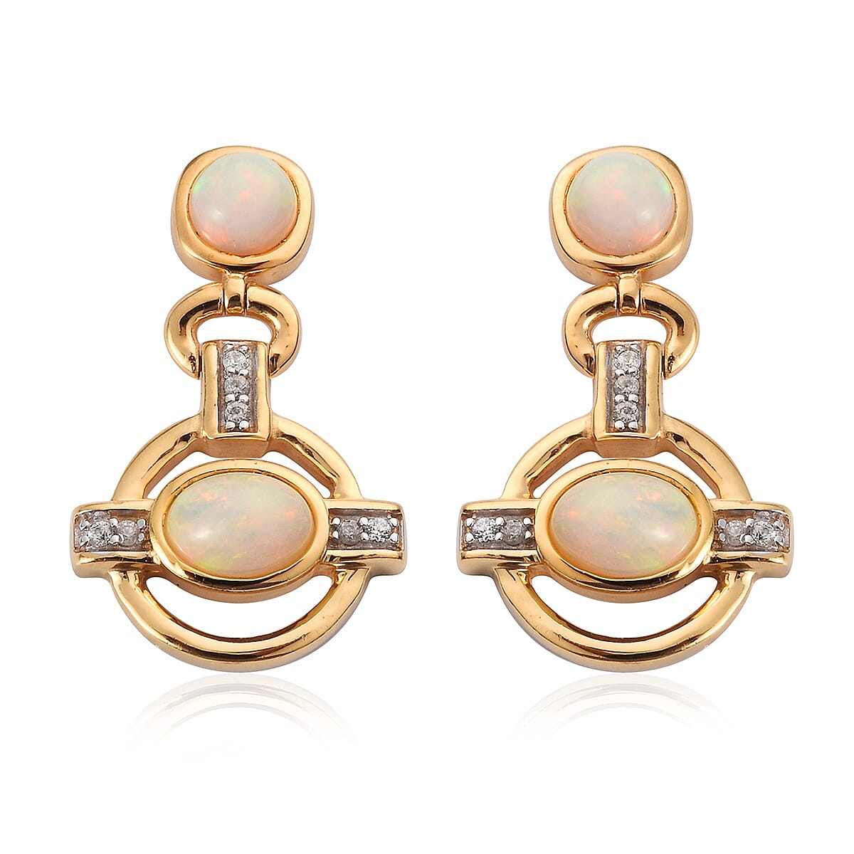Ethiopian Welo Opal & Natural Cambodian Zircon Earrings with Push Back in 18K Vermeil Yellow Gold Plated Sterling Silver 2.06 Ct