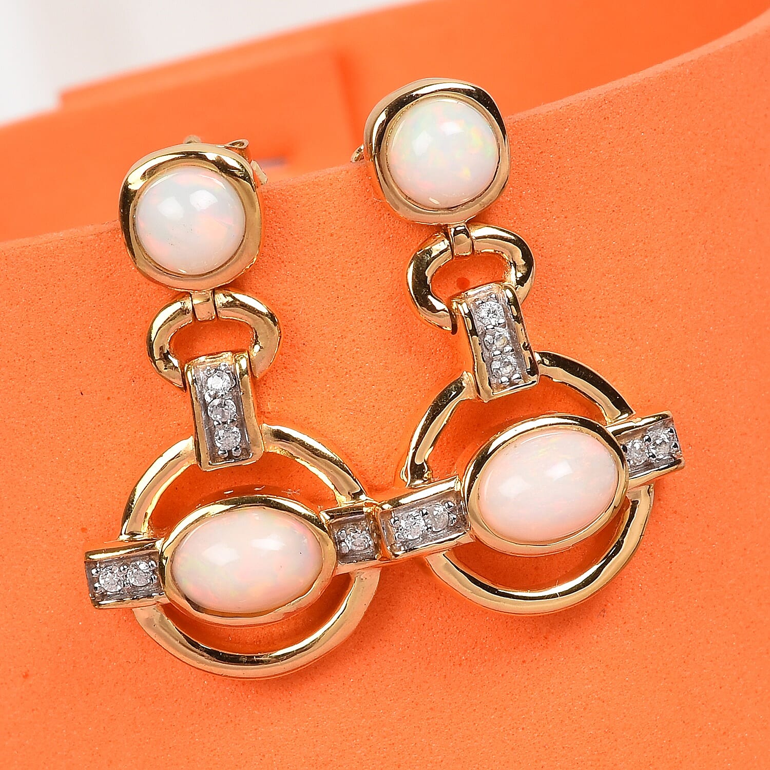 Ethiopian Welo Opal & Natural Cambodian Zircon Earrings with Push Back in 18K Vermeil Yellow Gold Plated Sterling Silver 2.06 Ct