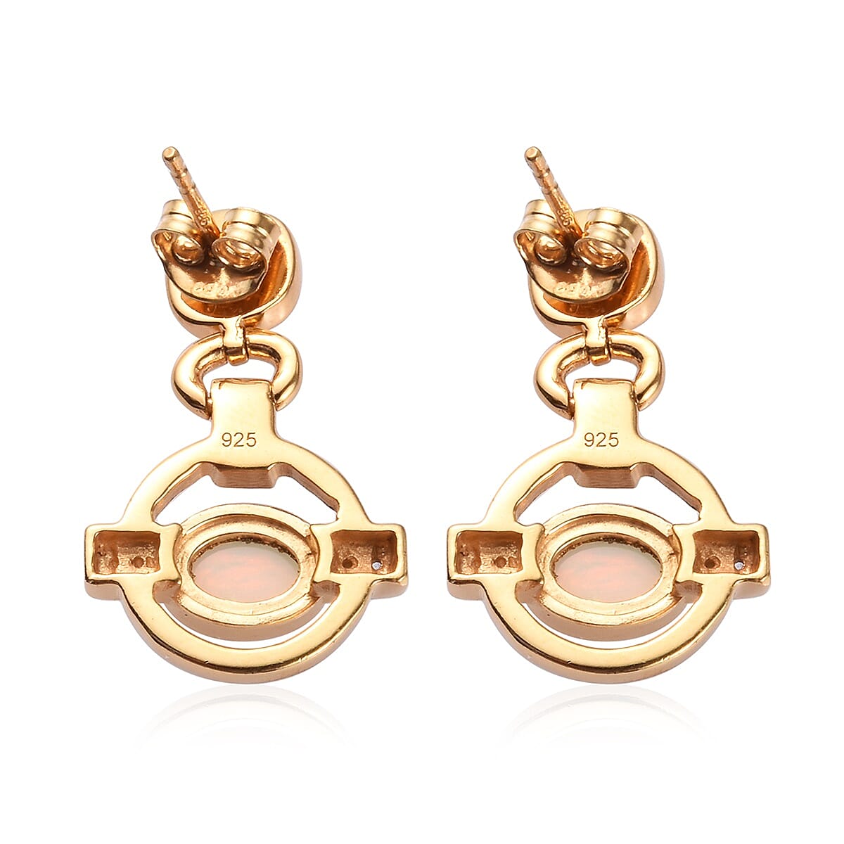 Ethiopian Welo Opal & Natural Cambodian Zircon Earrings with Push Back in 18K Vermeil Yellow Gold Plated Sterling Silver 2.06 Ct