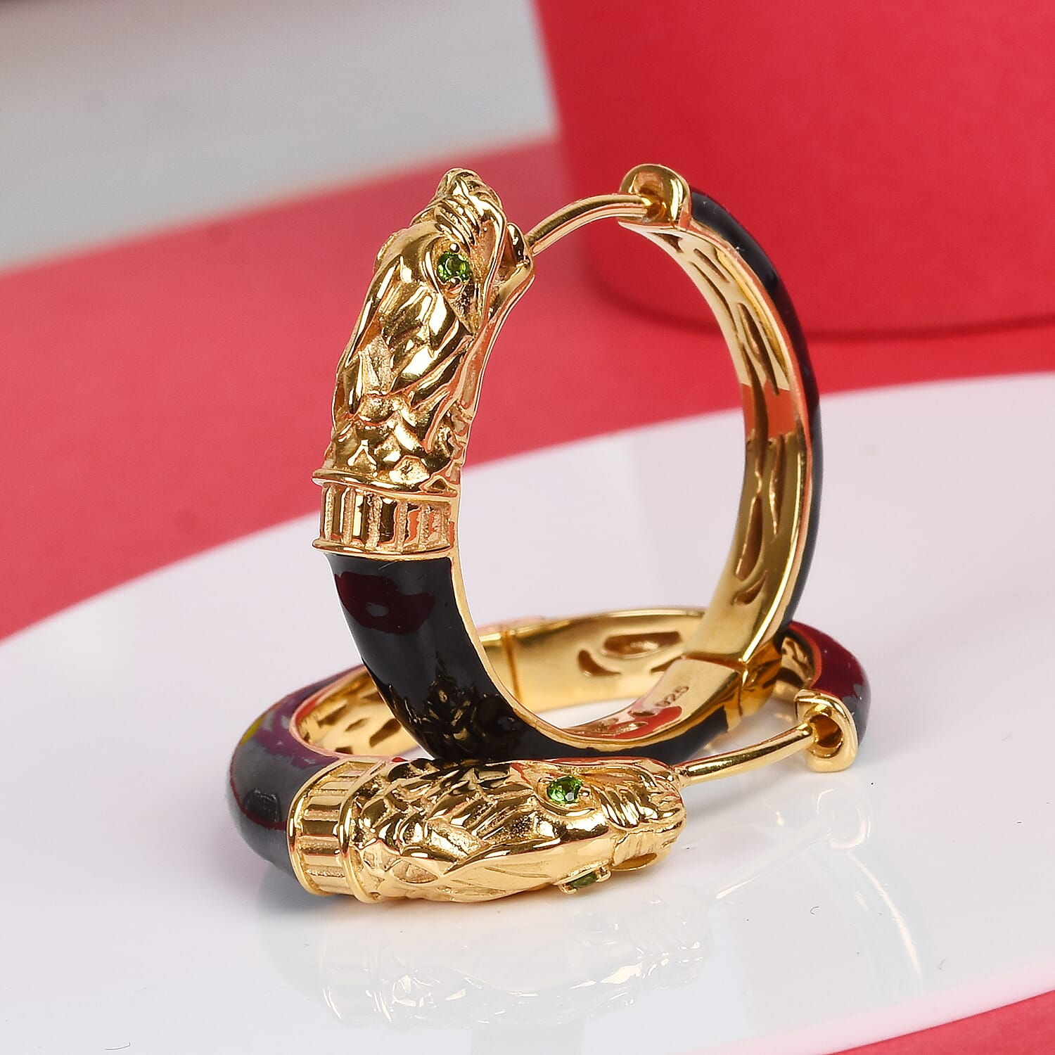 Chrome Diopside Enamelled Dragon Head Hoop Earrings (with Clasp) in 14K Gold Overlay Sterling Silver, Silver wt 7.00 Gms