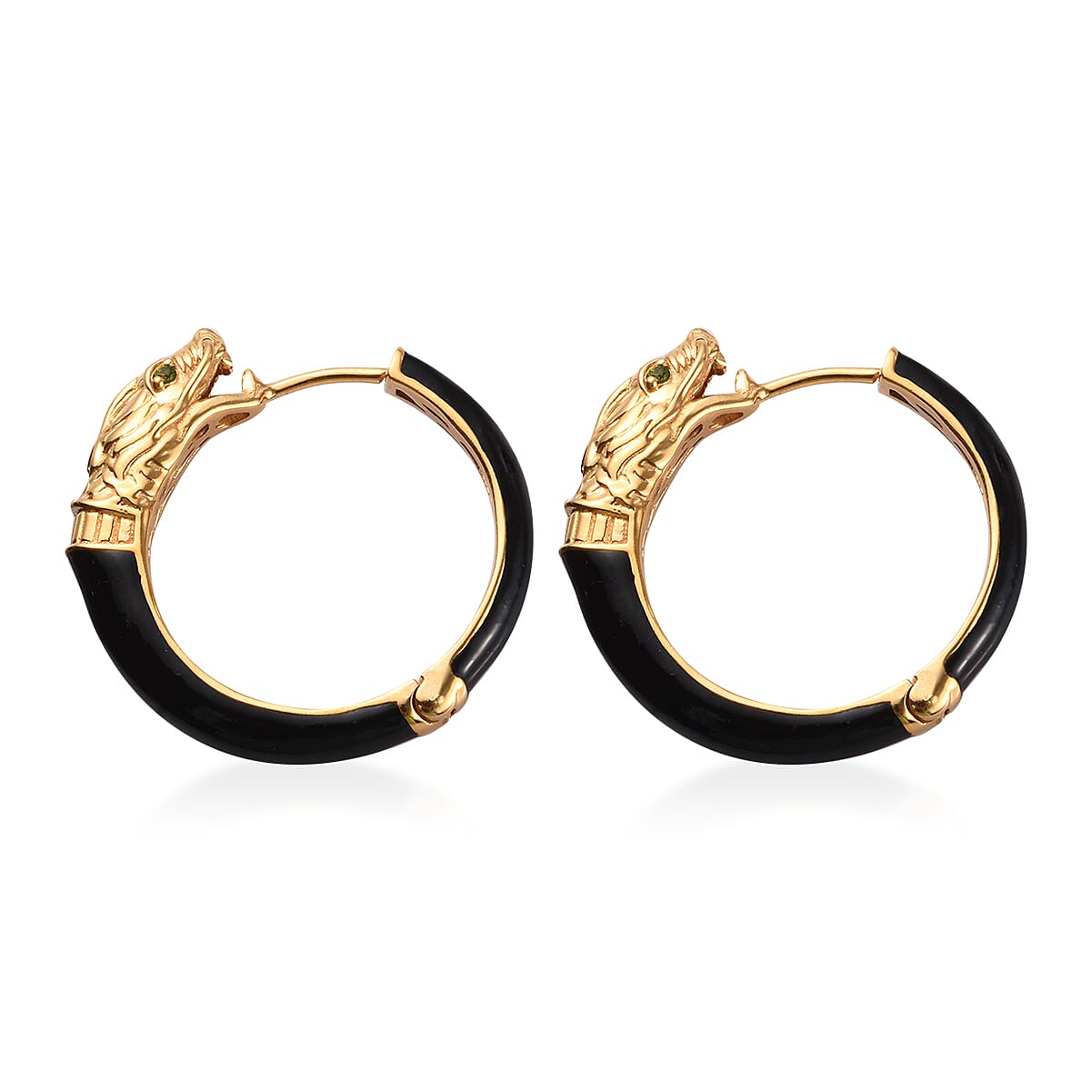 Chrome Diopside Enamelled Dragon Head Hoop Earrings (with Clasp) in 14K Gold Overlay Sterling Silver, Silver wt 7.00 Gms