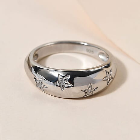 Diamond Star Dome Ring in Platinum Overlay Sterling Silver