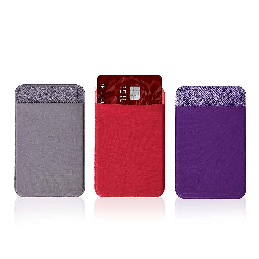 Set of 3 - Adhesive Stick On Wallet Card Holder Sleeve for Smartphones (Red, Purple and Grey)