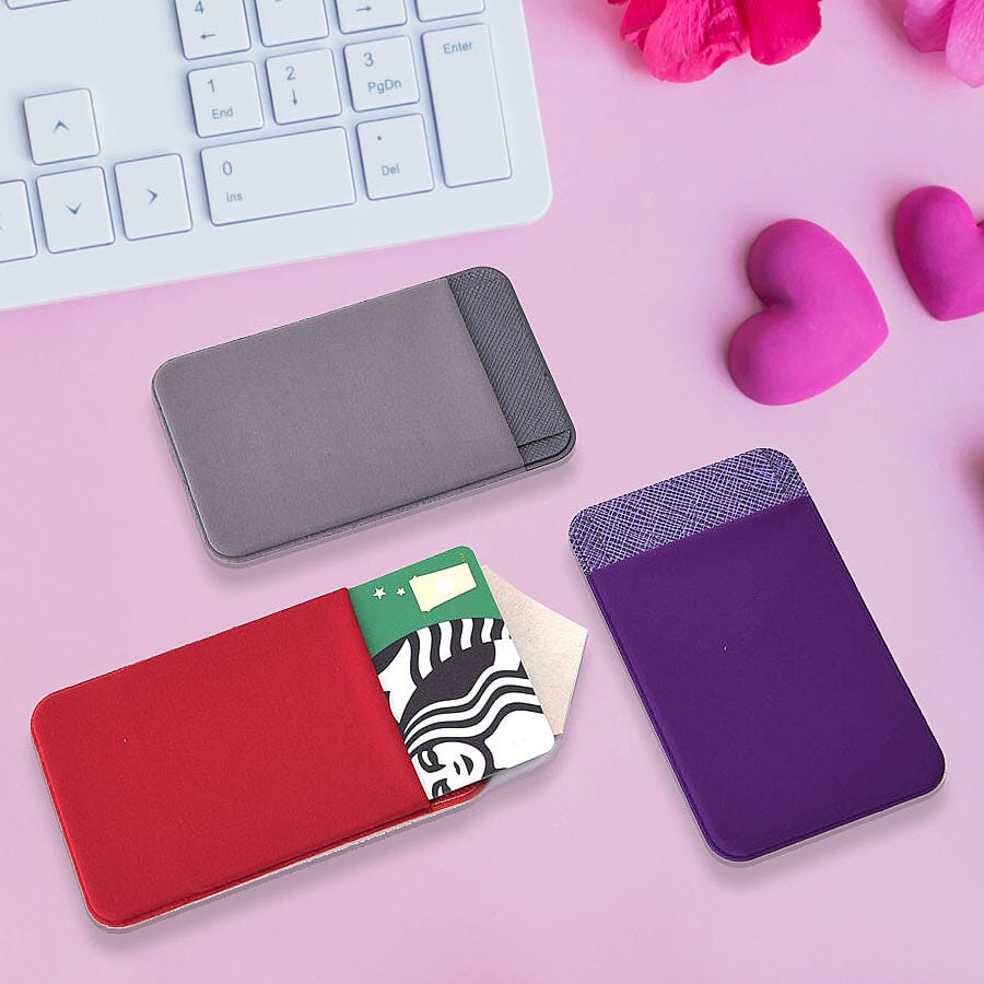 Set of 3 - Adhesive Stick On Wallet Card Holder Sleeve for Smartphones (Red, Purple and Grey)