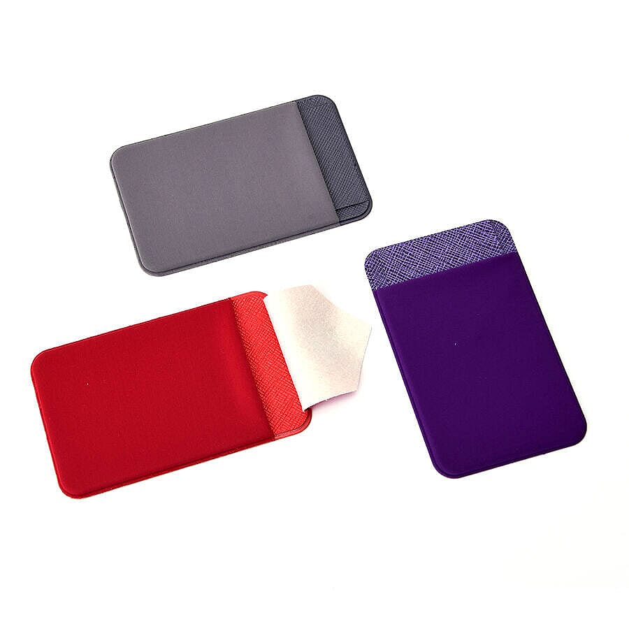 Set of 3 - Adhesive Stick On Wallet Card Holder Sleeve for Smartphones (Red, Purple and Grey)