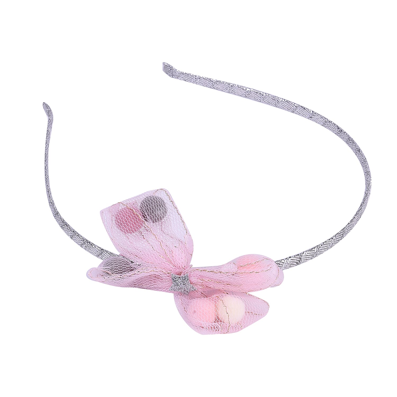 Silver Colour Hair Band with Light Pink Bow (Size 40x7x7 Cm)