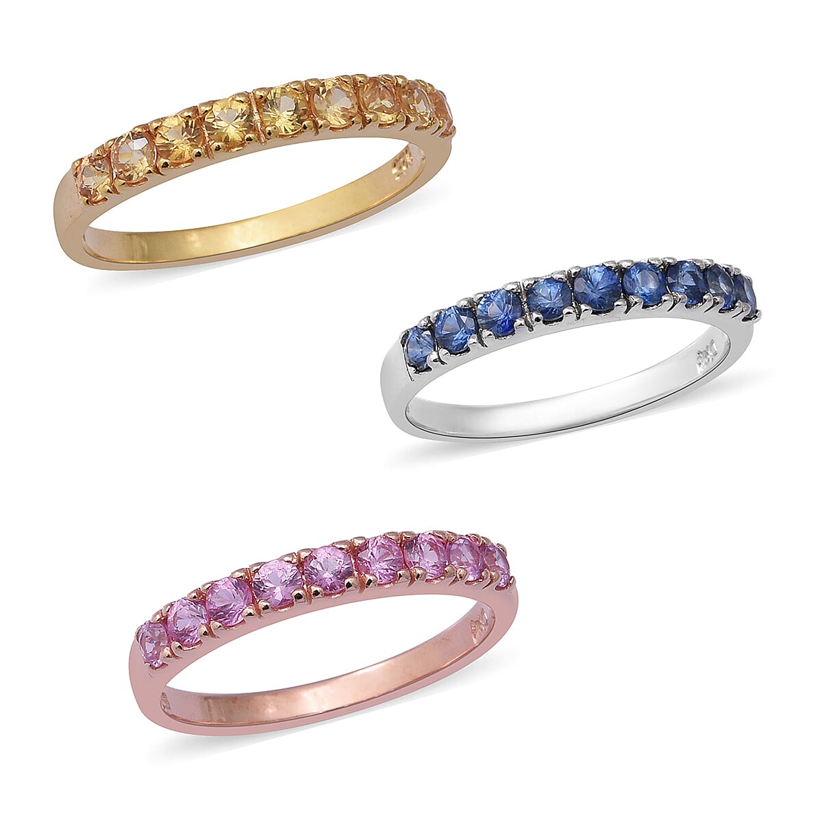 3 Piece Set - Kanchanaburi Blue Sapphire, Madagascar Pink Sapphire and Yellow Sapphire Ring in Rhodium, Yellow and Rose Gold Overlay Sterling Silver 2.16 Ct, Silver wt 6.00 Gms