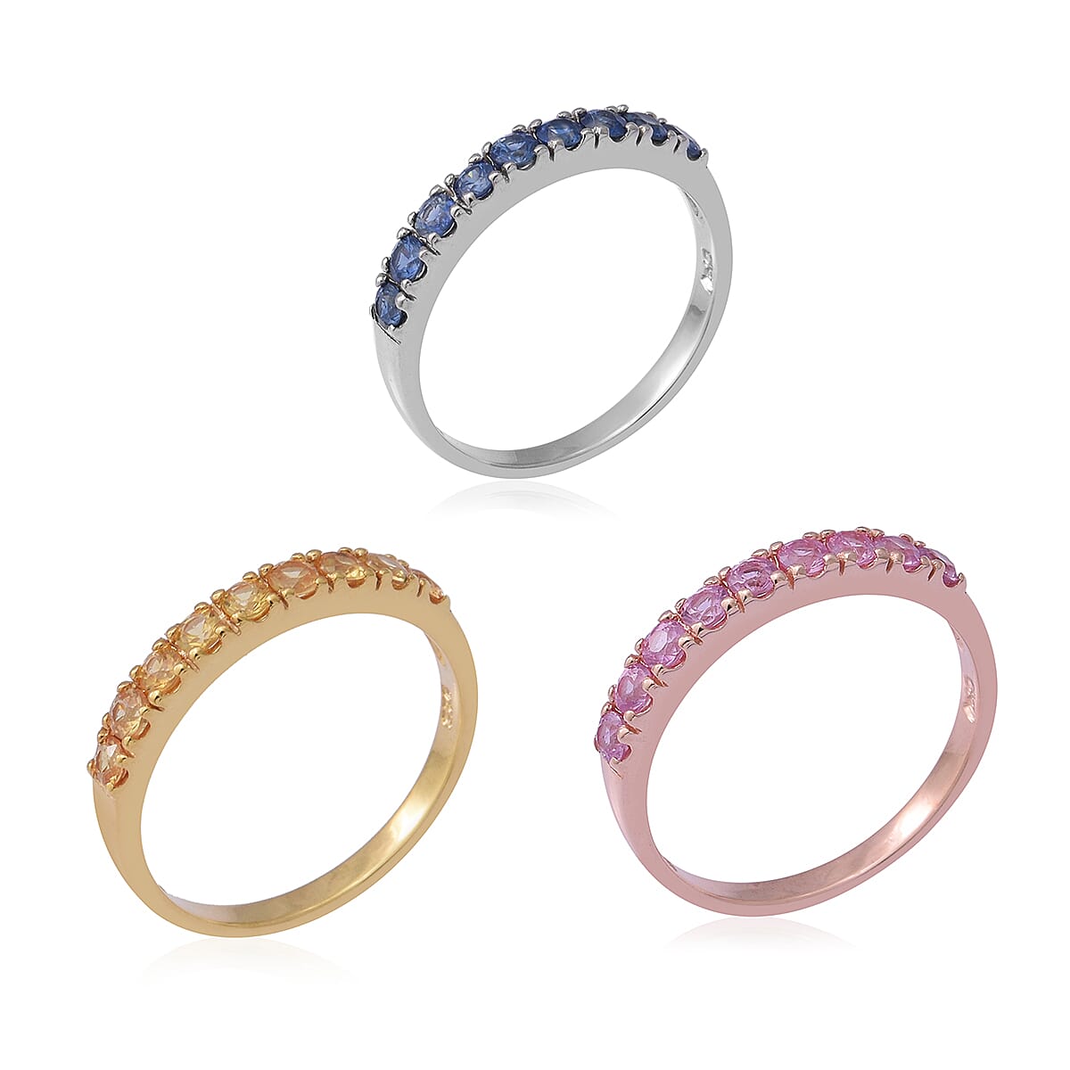 3 Piece Set - Kanchanaburi Blue Sapphire, Madagascar Pink Sapphire and Yellow Sapphire Ring in Rhodium, Yellow and Rose Gold Overlay Sterling Silver 2.16 Ct, Silver wt 6.00 Gms