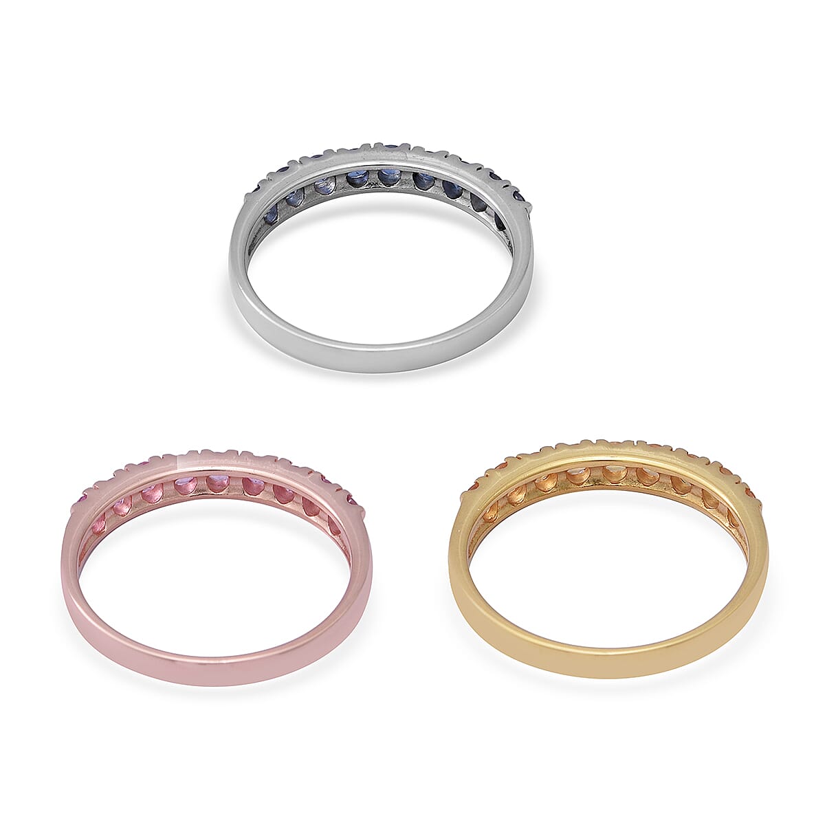 3 Piece Set - Kanchanaburi Blue Sapphire, Madagascar Pink Sapphire and Yellow Sapphire Ring in Rhodium, Yellow and Rose Gold Overlay Sterling Silver 2.16 Ct, Silver wt 6.00 Gms