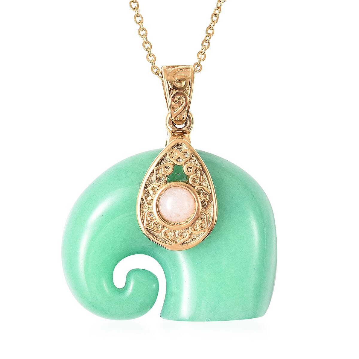 Green Jade and White Jade Elephant Pendant with Chain (Size 20) in Yellow Gold Plated Stainless Steel 74.45 Ct