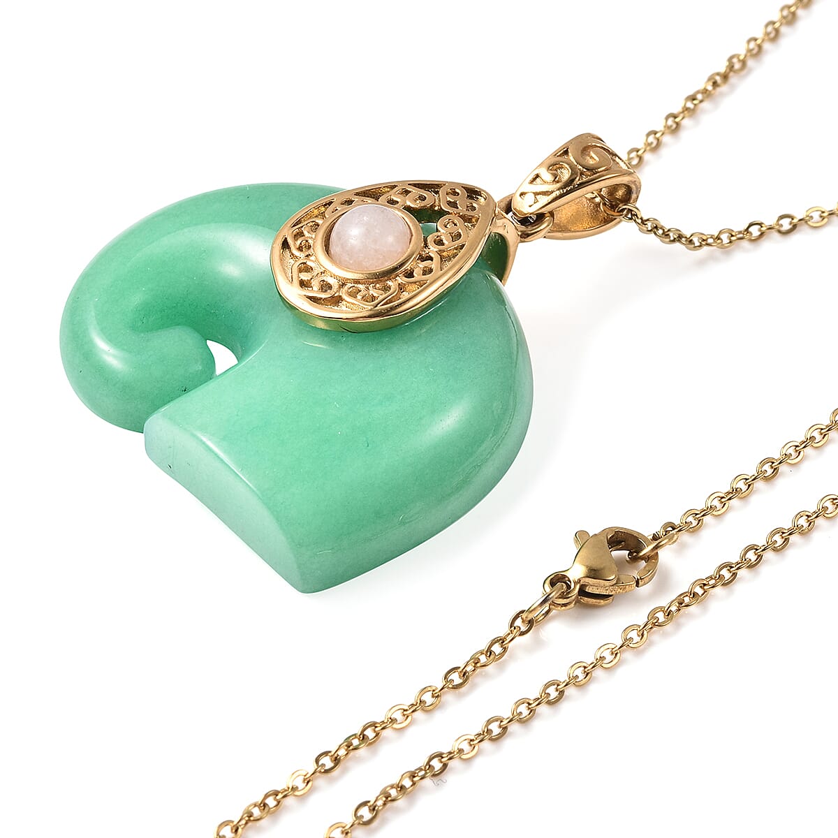 Green Jade and White Jade Elephant Pendant with Chain (Size 20) in Yellow Gold Plated Stainless Steel 74.45 Ct