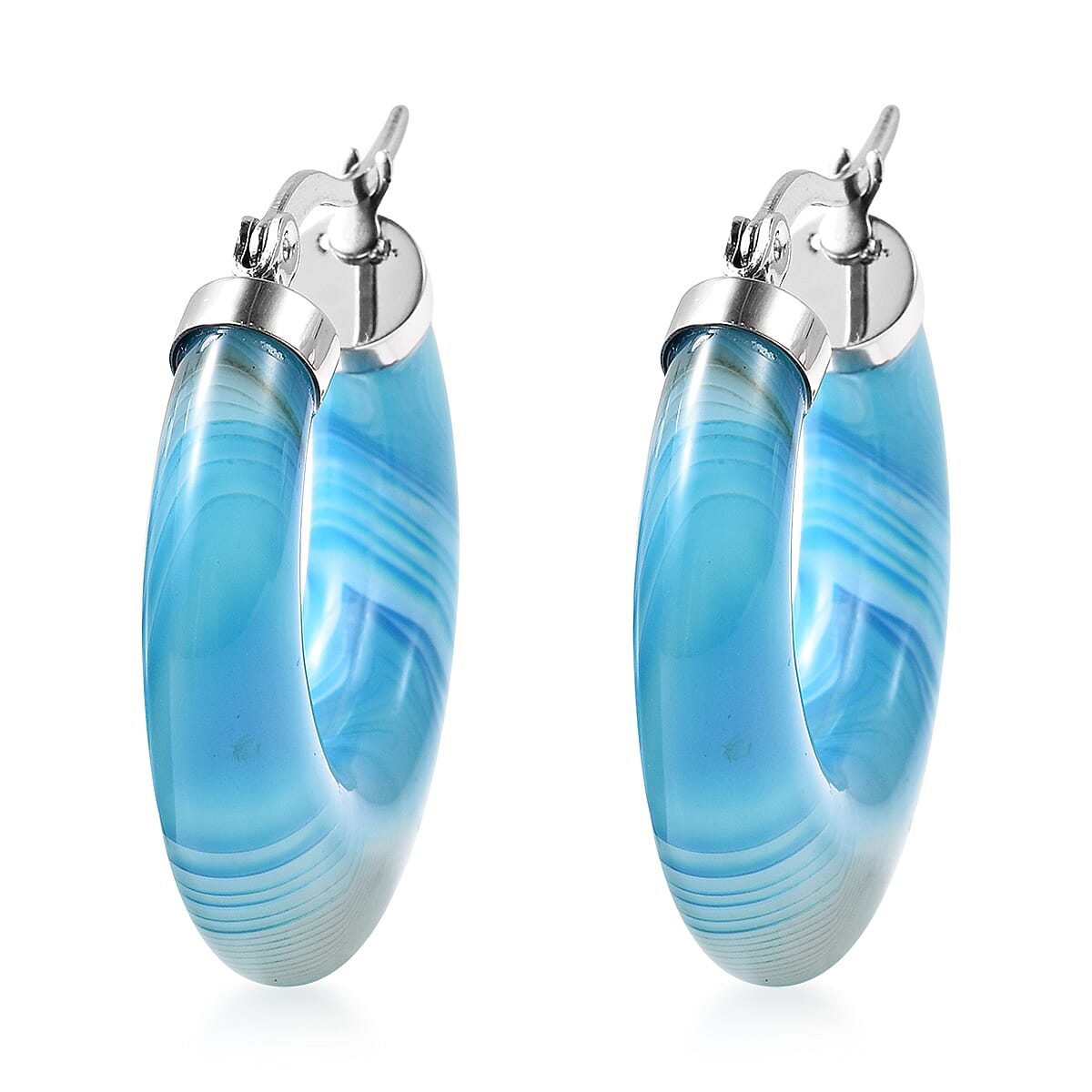 Blue Lace Agate Hoop Earrings (with Clasp) in Stainless Steel 41.00 Ct.