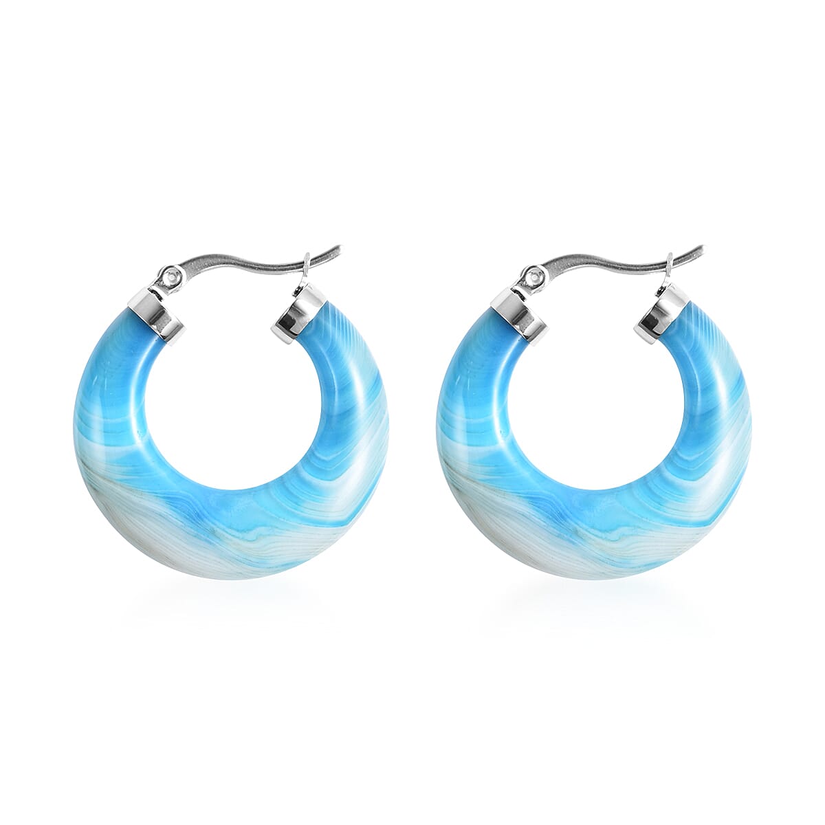 Blue Lace Agate Hoop Earrings (with Clasp) in Stainless Steel 41.00 Ct.