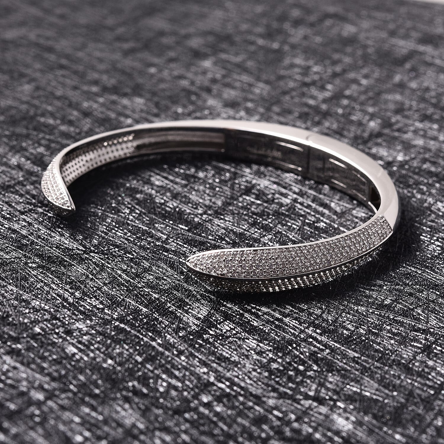 Natural Cambodian Zircon Cuff Bangle (Size 6.75) in Rhodium Overlay Sterling Silver 2.73 Ct, Silver Wt. 17.83 Gms.