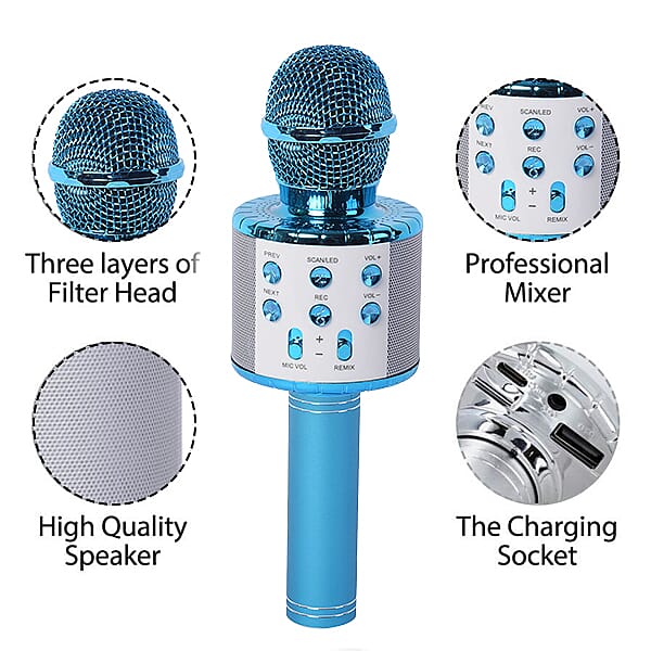 Wireless Rechargable Karaoke Microphone with Bluetooth Speaker (Size 23 Cm) - Blue