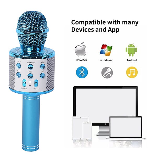 Wireless Rechargable Karaoke Microphone with Bluetooth Speaker (Size 23 Cm) - Blue