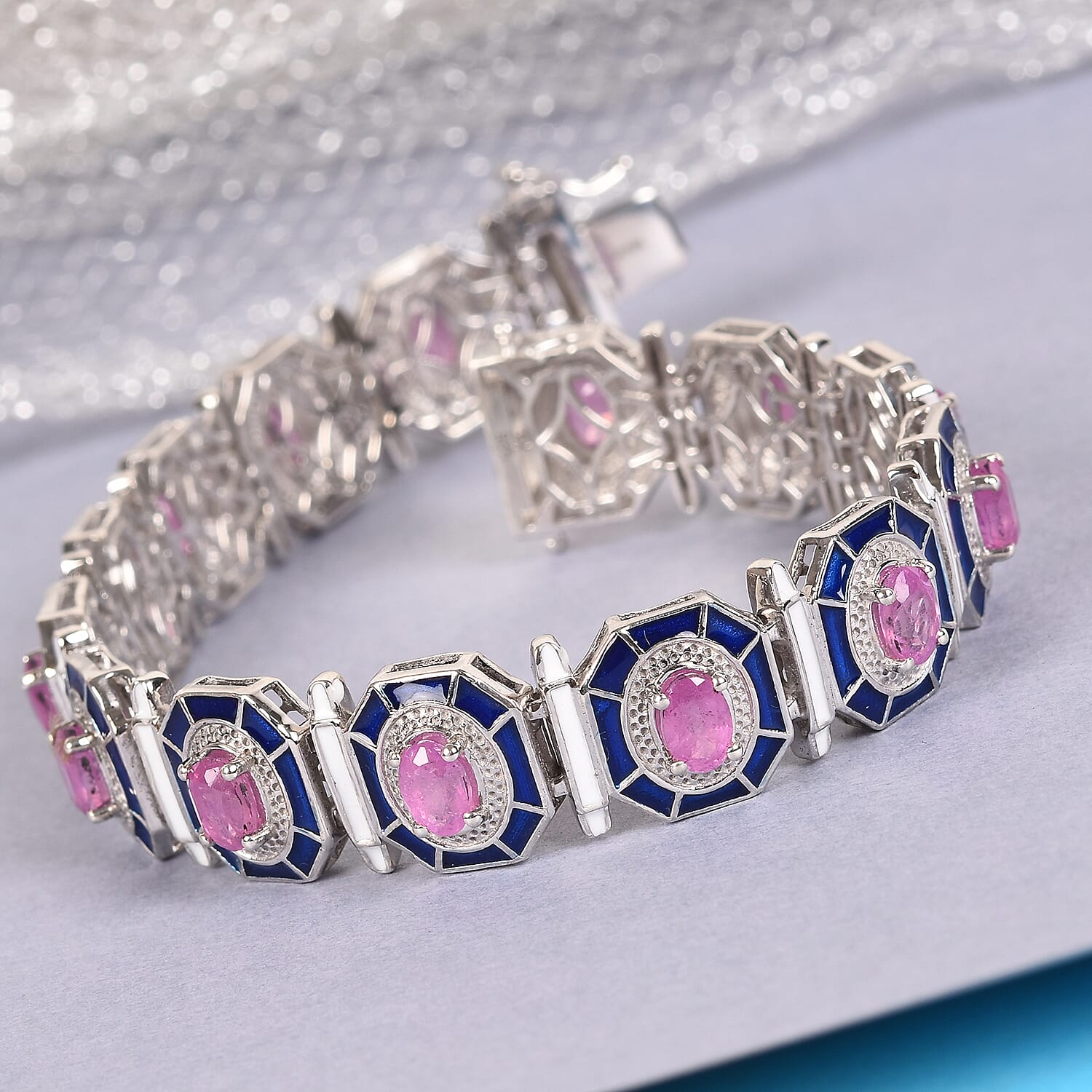 Madagascar Hot Pink Sapphire Enamelled Bracelet (Size 7.5) in Platinum Overlay Sterling Silver 9.00 Ct, Silver wt 25.00 Gms